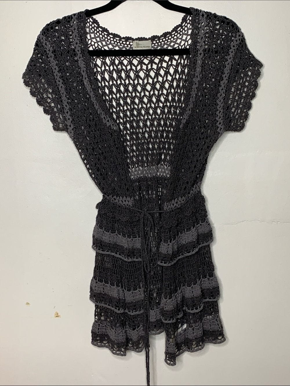 Boston Proper Crochet Open Weave tie front Cardigan - Charcoal Gray Boho hippie